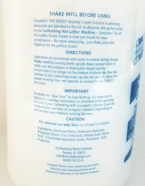 Campbell Liquid Shave Cream Pre-Mixed 64oz back info