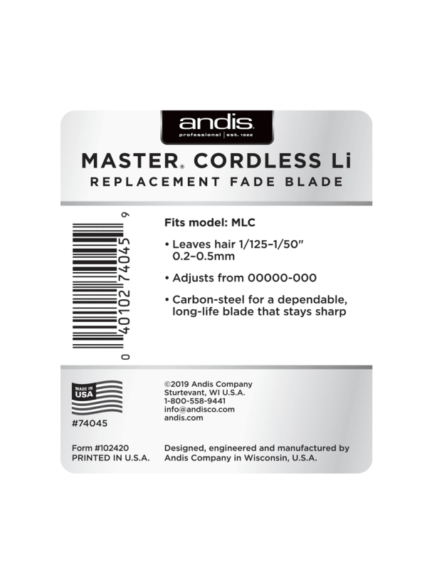 andis cordless master fade blade package back