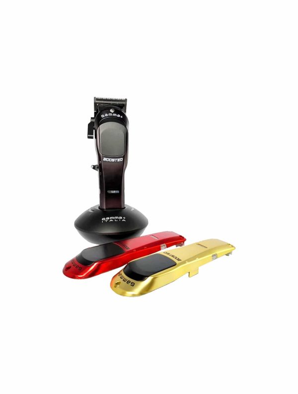 Gamma Boosted Cordless Clipper in Black on stand with red and white covers below