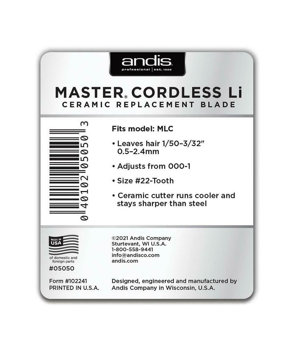 Andis Master Cordless Li Ceramic Replacement Blade #05050 package back