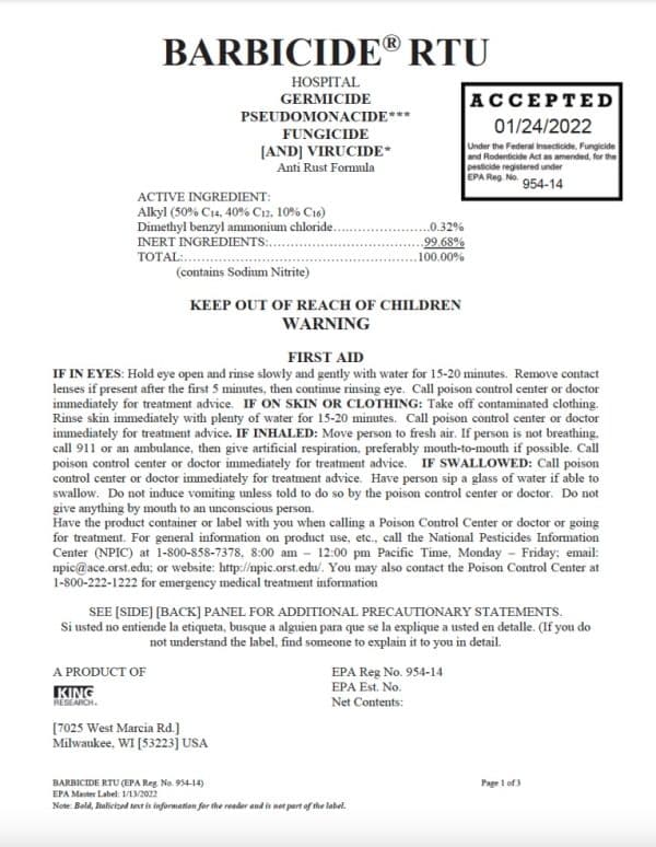 Barbicide RTU Spray Label Pg.1