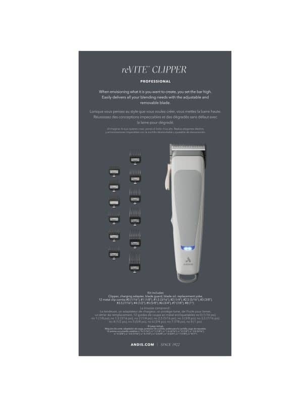 Andis reVITE Cordless Clipper Silver #86100 - Package Back