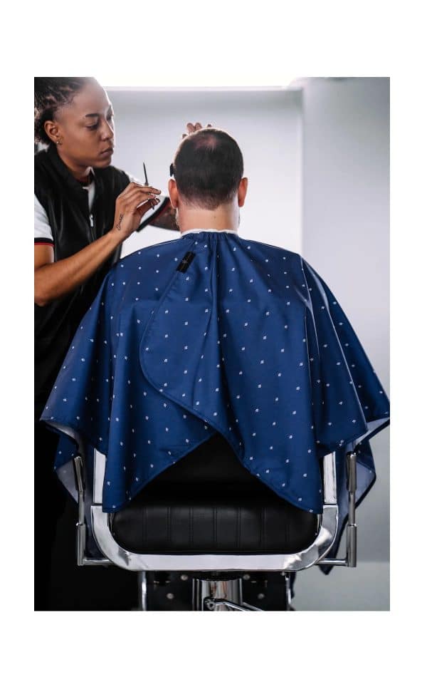 Barber Strong Barber Cape Shield Collection - Blue Sitting back