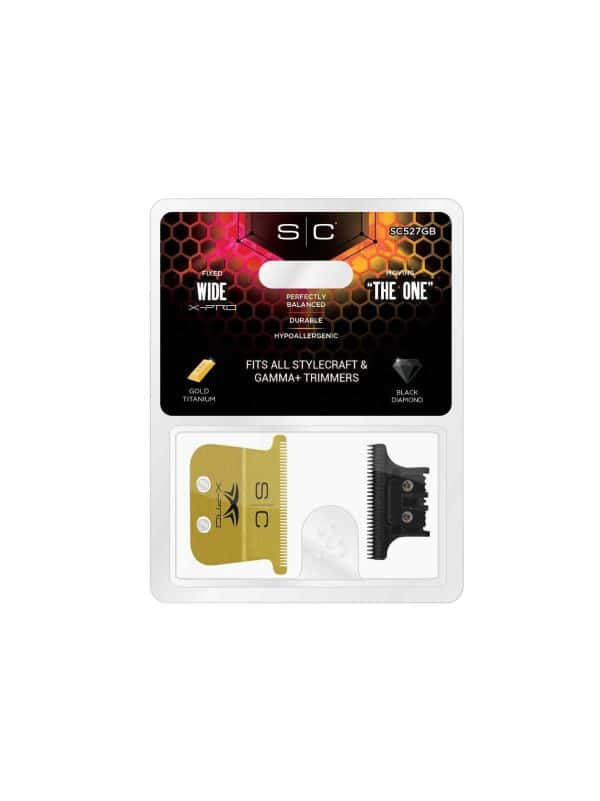 Stylecraft Fixed Gold Titanium X-Pro Wide Trimmer Blade with DLC "The One" Cutter Set #SC527GB package
