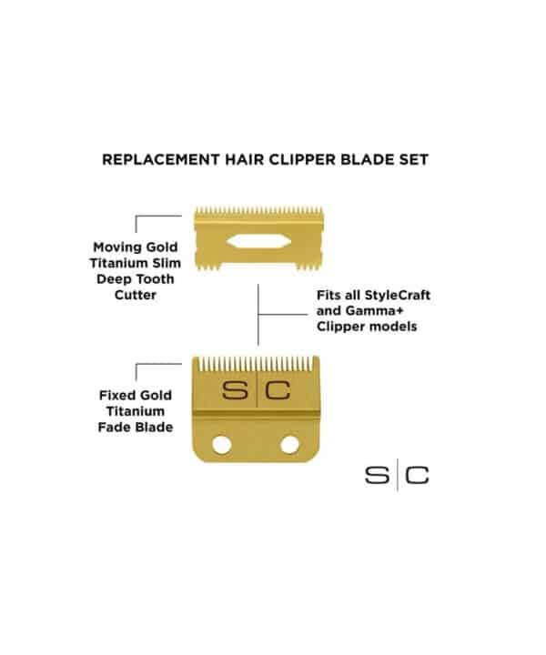 StyleCraft Fixed Gold Fade Blade with Gold Slim Deep Tooth Cutter #SC521G info