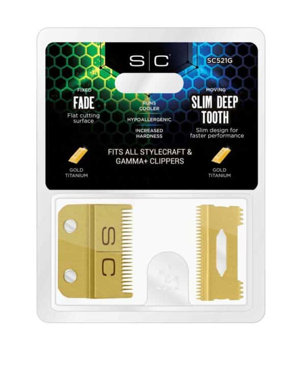 StyleCraft Fixed Gold Fade Blade with Gold Slim Deep Tooth Cutter #SC521G Package