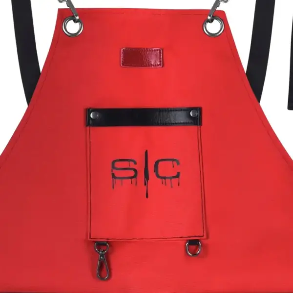StyleCraft Red and Black Barber Apron #SC315R - Close Up Chest