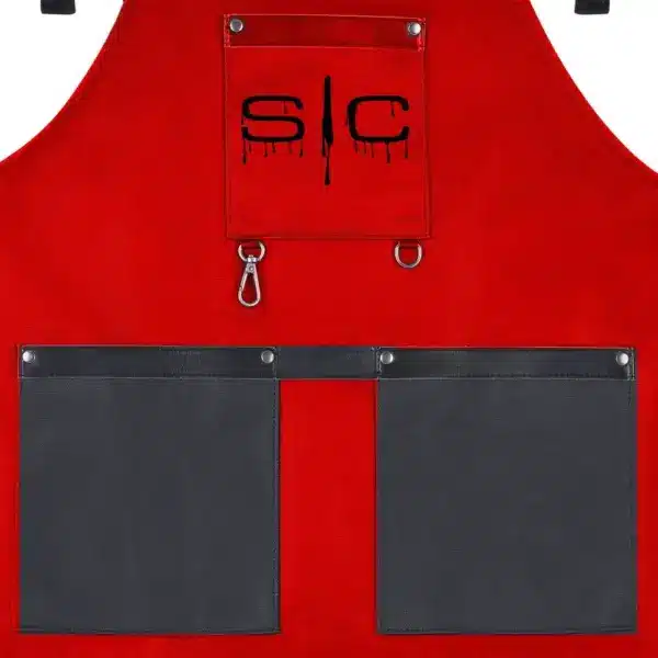 StyleCraft Red and Black Barber Apron #SC315R - Close Up Pockets