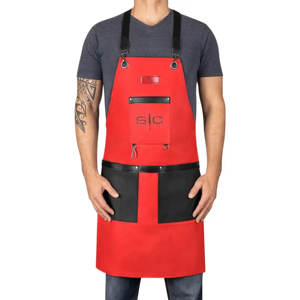 StyleCraft Red and Black Barber Apron #SC315R - On Person
