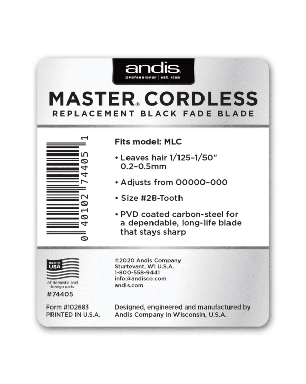 Andis Cordless Master Replacement Black Fade Blade #74405 - Packaging Back