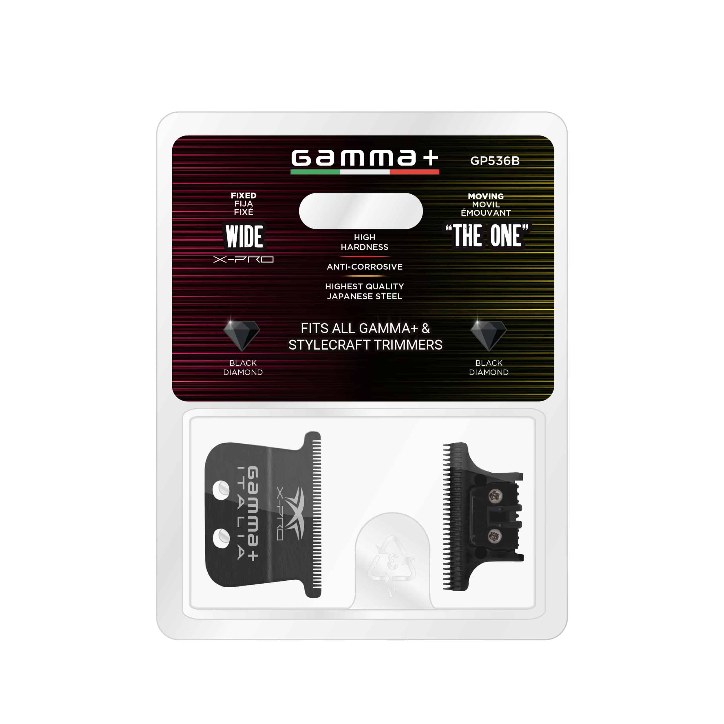 Gamma X-Pro Wide DLC Fixed Blade with "The One" DLC Moving Trimmer Blade Set #GP536B - Packaging