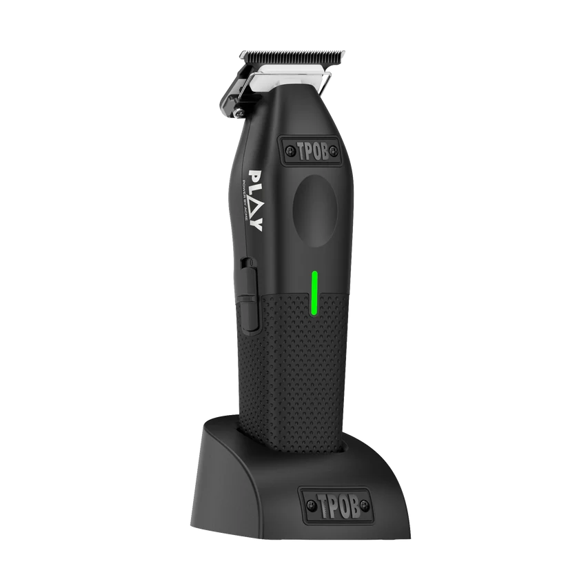 TPOB Play Trimmer Black updated with Softy Blade - On Charging Stand Angled