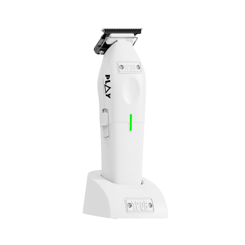 TPOB Play Trimmer White Update with Softy Blade - on charging stand angled
