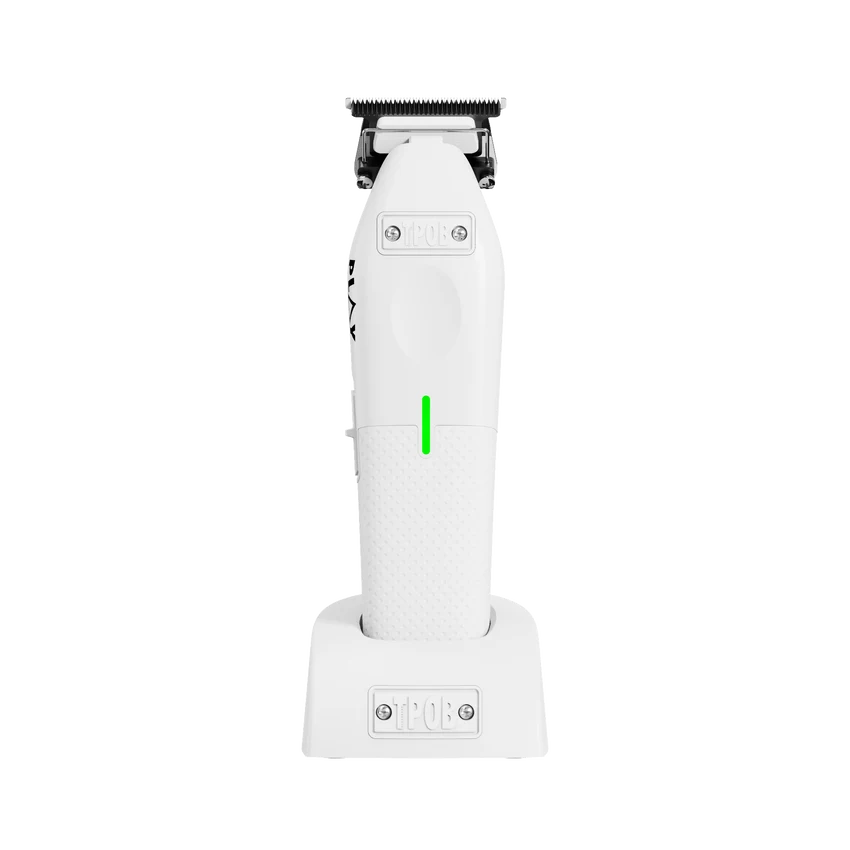 TPOB Play Trimmer White Update with Softy Blade - on charging stand