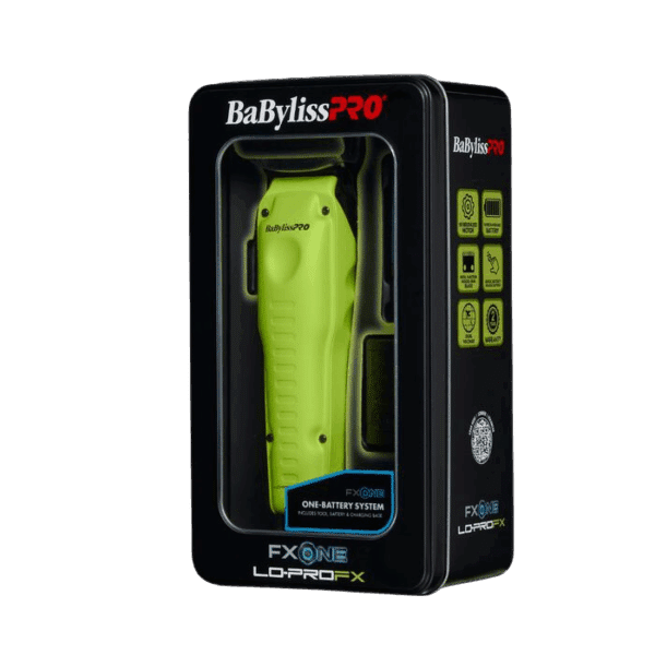 BabylissPro FXOne Lo-ProFX Clipper Neon Yellow #FX829NY - Package angled left