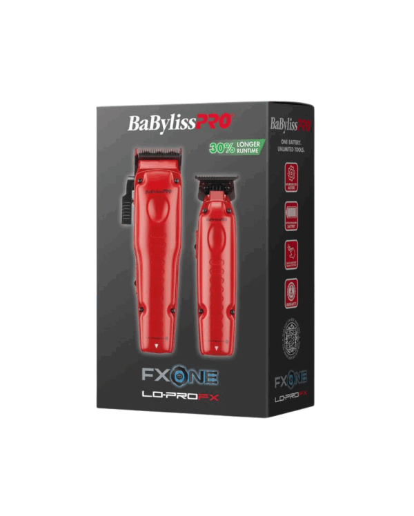 BabylissPro FXOne Lo-ProFX Limited Edition Matte Red Clipper and Trimmer Gift Set #FX129MRPK - Package angled left
