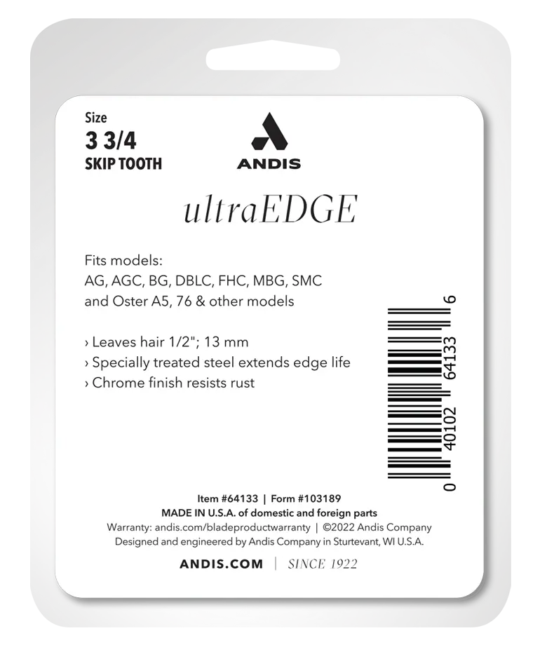 Andis UltraEdge Detachable Blade, Size 3 3/4 Skip Tooth #64133 - Package Back