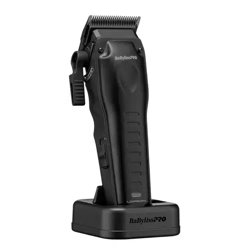BabylissPro Lo-ProFX Compact Clipper Matte Black #FX82MB - On charging stand angled
