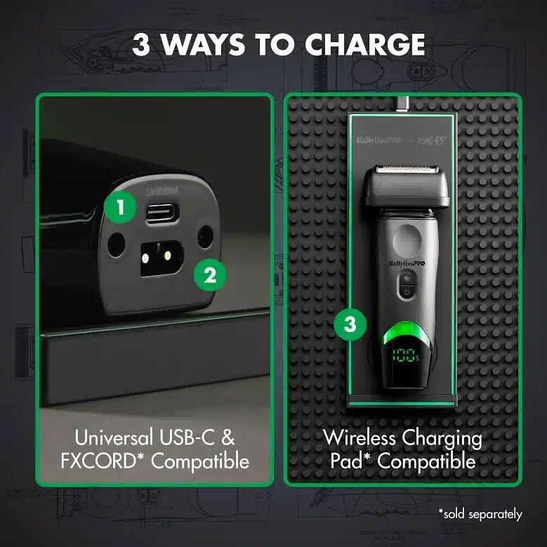 BabylissPro X Tomb45 Wireless Charging Foil Shaver #FXT45FS - charging options