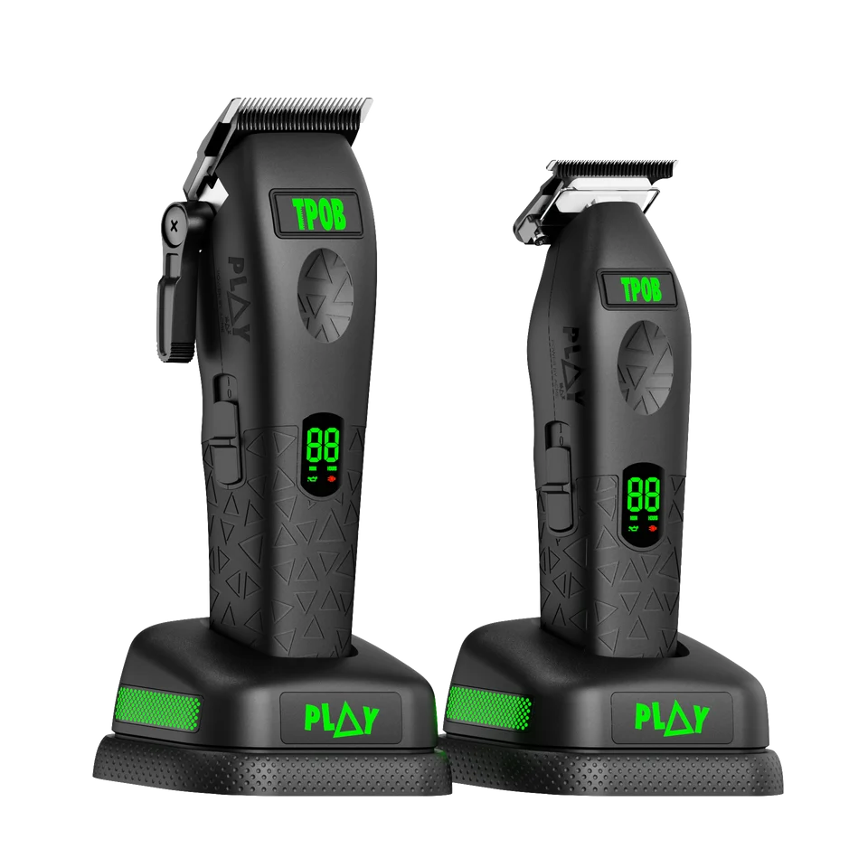 TPOB Play Max Clipper and Trimmer Bundle - Blackout Edition - On charging stand angled