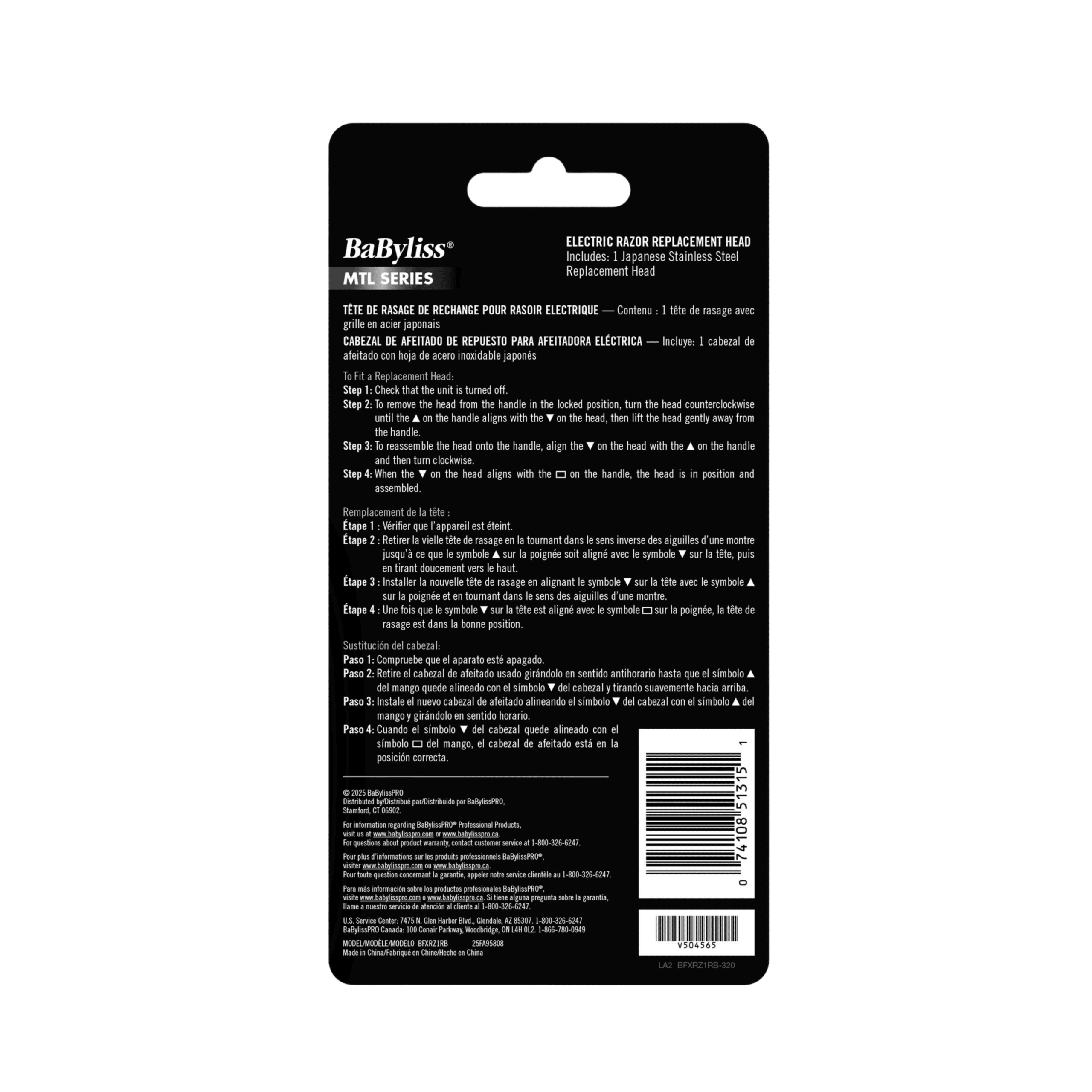 Babyliss MTL Series Electric Razor Replacement Head #BFXRZ1RB package back